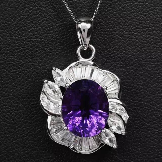 Natural Purple Amethyst Oval 12X10 Mm. & White Cz Sterling 925 Silver Pendant
