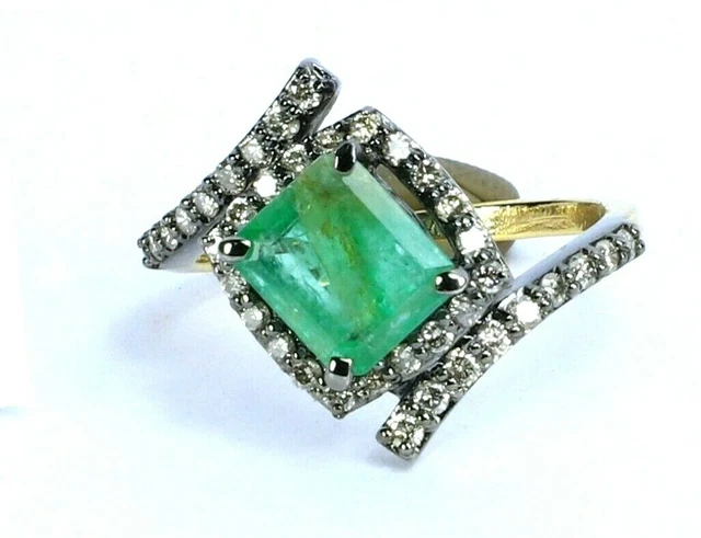 Bague En Argent 925 Avec Émeraude Verte à Facettes - Taille 55 - Vintage, état Parfait
