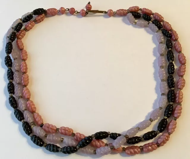 Vintage Art Deco Pink Purple And Black Molded Glass Bead 3 Strand Necklace