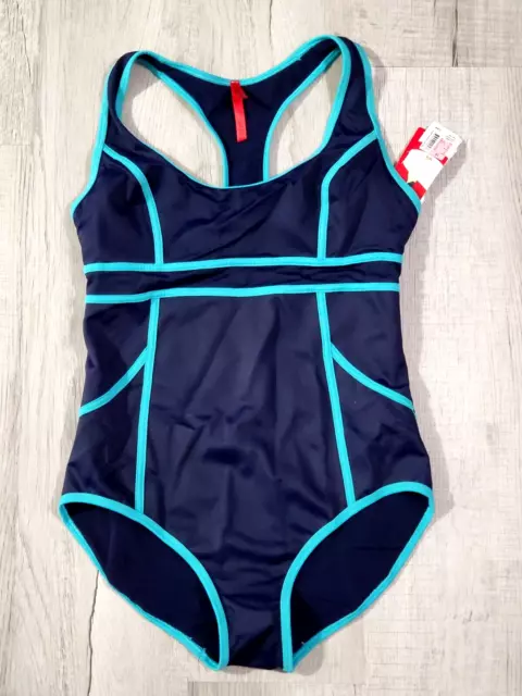 Spanx Hourglass racerback one-piece swimsuit women sz 10 navy blue / turquoise