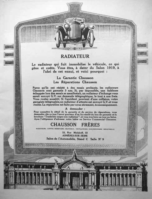 Publicité De Presse 1919 Radiateur Chausson Frères Au Salon De L'automobiles