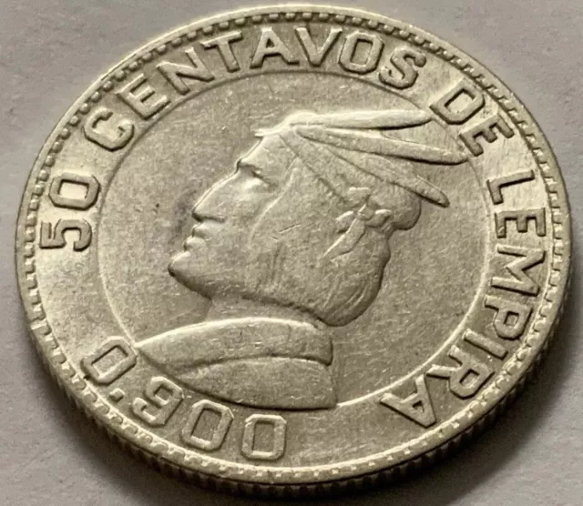 1937 Honduras 50 Centavos (De Lempira Coat Of Arms)  Silver