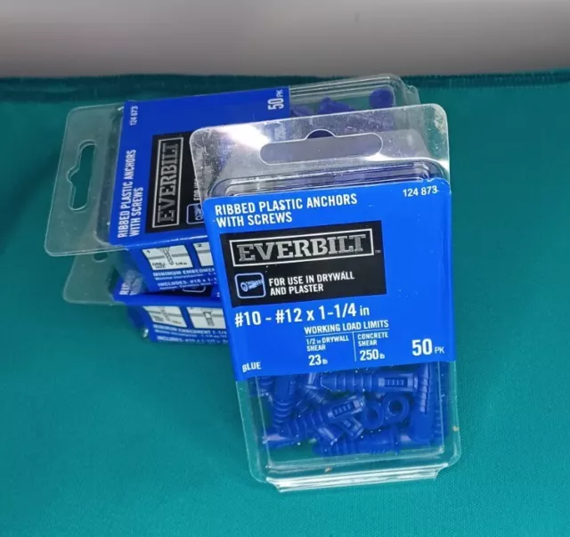 3 pack Lot 50 pcs Everbilt #10 #12 x 1-1/4 in Ribbed Plastic Anchors Screws Blue