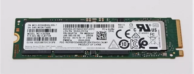 SAMSUNG PM981a 256GB SSD NVMe M.2 2280 80mm Solid State Drive MZ-VLB256B