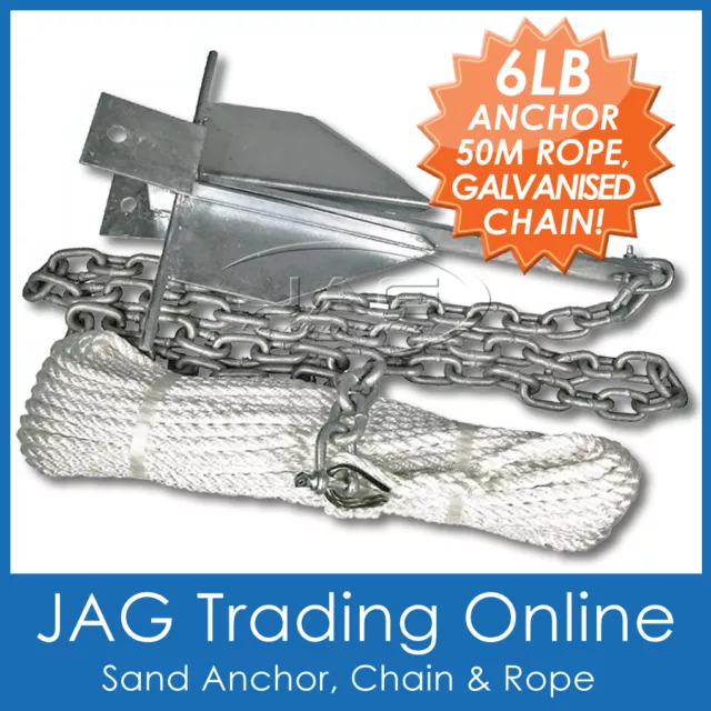 BOAT ANCHORING KIT- 6lb / 3kg Sand Anchor, 2M Galvanised Chain, 50M x 6mm Rope