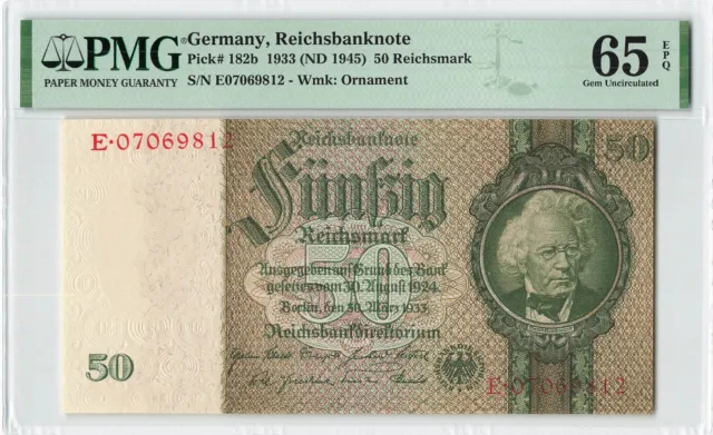 GERMANY 50 Reichsmark 1933 (ND 1945), P-182b Reichsbanknote, PMG 65 EPQ Gem UNC
