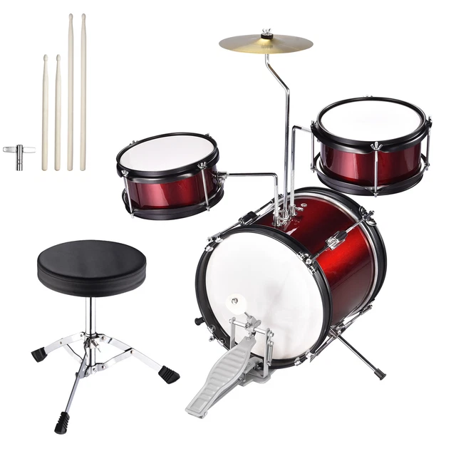 Junior Kids Snare Drum Set w/ 4Pc Drums Bass Drumsticks Cymbal Throne Stool Kit