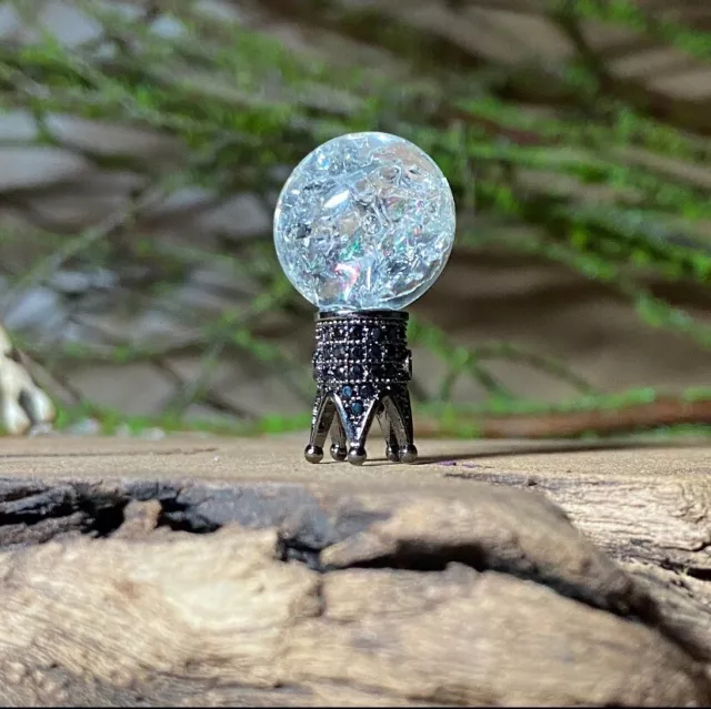 Crackled Crystal Ball on Black Base Dollhouse Miniature Fairy Garden Accessory