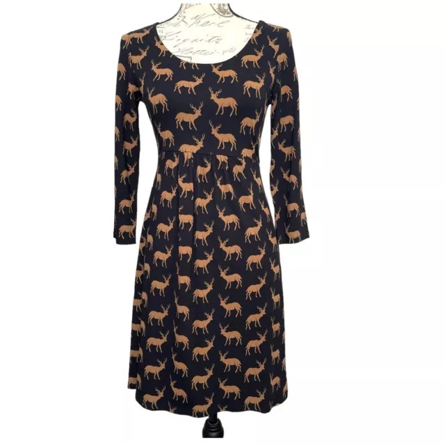 Boden Womens Oh Deer Jersey Dress Knit Printed Novelty Size 2 Black Copper