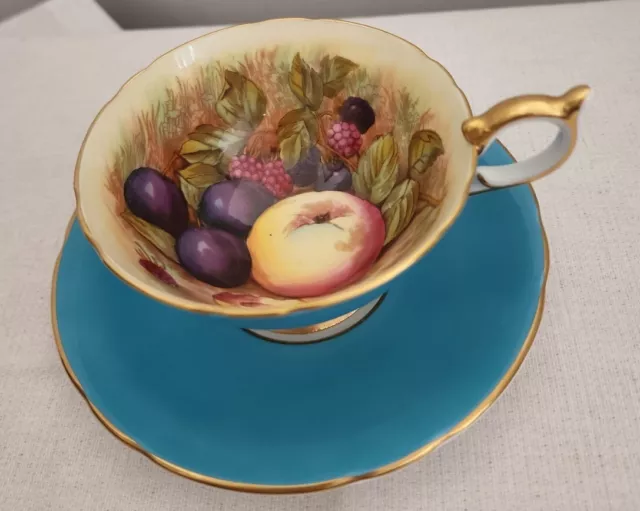 Aynsley Orchard Fruit Teacup & Saucer Turquoise Handpainted Signed D. Jones