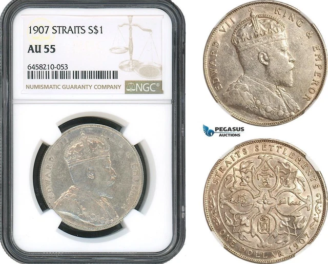 AH489, Straits Settlements, Edward VII, 1 Dollar 1907, Bombay Mint, NGC AU55 AH489, Straits Settlements, Edward VII, 1 Dollar 1907, Bombay Mint, NGC AU55