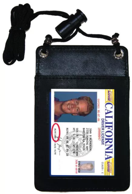 Black Leather ID Card Holder Badge Card Name Tag Pouch Neck Strap Wallet
