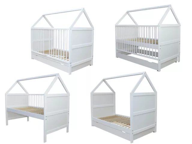 Babybett Kinderbett Juniorbett Bett Haus 140x70 cm umbaubar mit Schublade weiss
