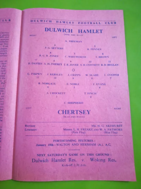 1948-49 Surrey cup 1 football programme. Dulwich Hamlet v Chertsey. 8.1.1949 2