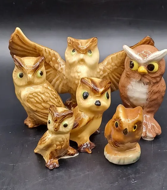 Vtg Hagen Renaker Owl Family - Papa, Mama, Babies Owlet Miniature Bird Figurines
