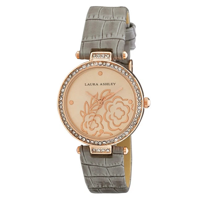 Laura Ashley Ladies Crystal Bezel T-bar Floral Alligator Strap Watch