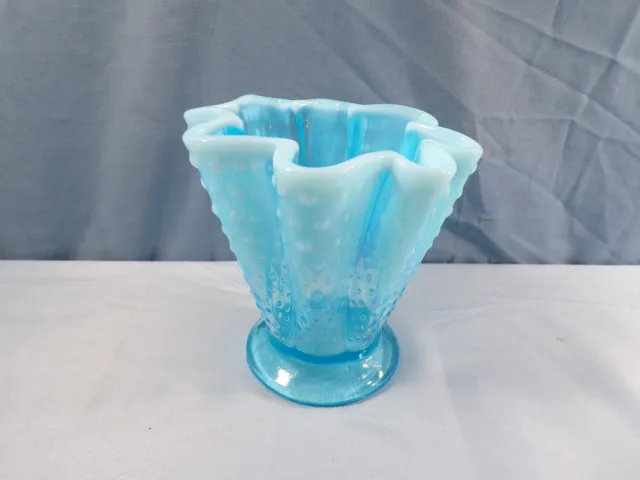 Fenton Blue Opalescent Glass Hobnail Scalloped Swung Vase 5 1/4" Tall