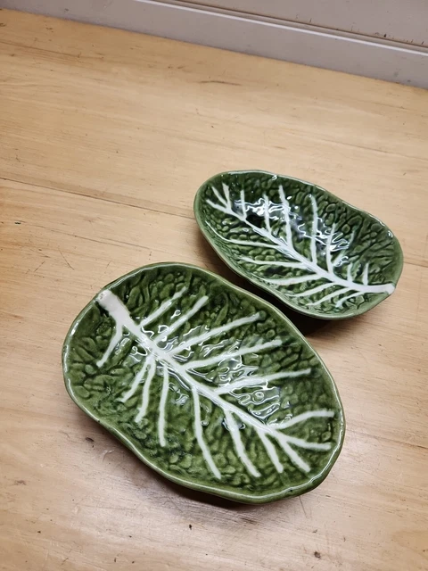 Vintage Pottery Majolica Cabbage Leaf Green Serving Bowls