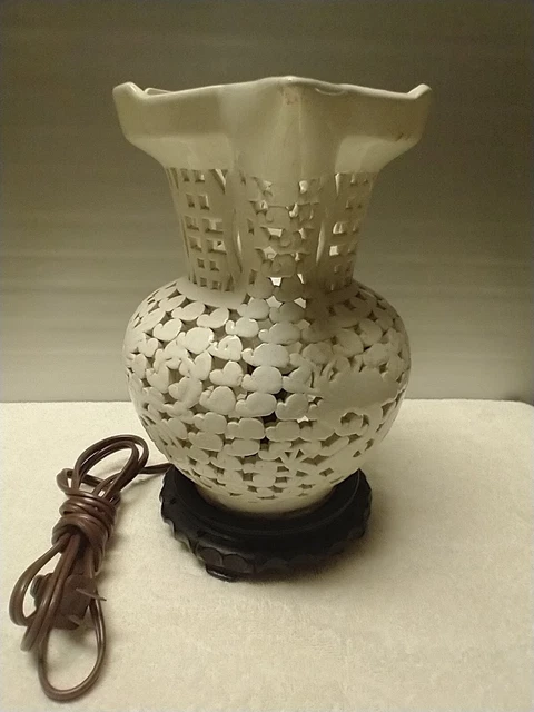 Chinese White Dragon And Phoenix Bishop's Hat Open Work Porcelain Vase Lamp