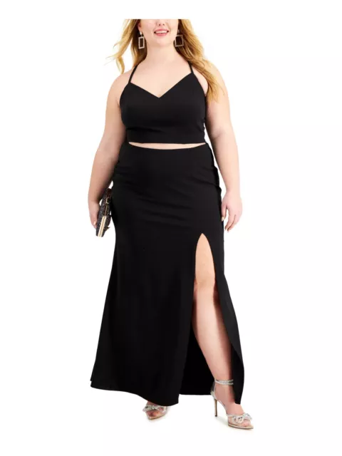 B DARLIN Womens Black Stretch Scuba Crepe Spaghetti Strap Maxi Dress Plus 18W