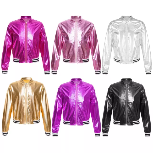 Girls Boys Long Sleeve Sequin Bomber Jacket Hip-hop Jazz Street Dance Coat Tops