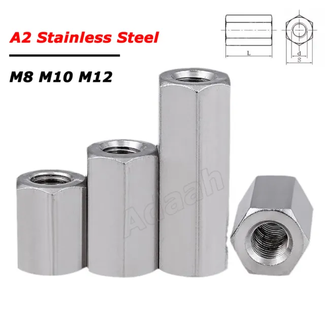 M8 M10 M12 Hex Connector Nuts Threaded Sleeve Rod Bar Stud Long Nut A2 Stainless