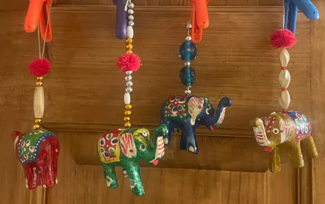 4 Wooden Indian Elephants Hand Painted Hanging Decorations