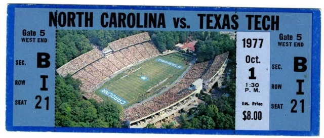 1977 NORTH CAROLINA TAR HEELS - TEXAS TECH RED RAIDERS football ticket 10/1