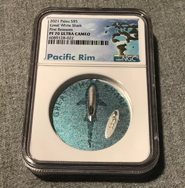 2021 $5 Palau Great White Shark Ultra HR 1 oz Silver Colorized NGC PF70UC FR