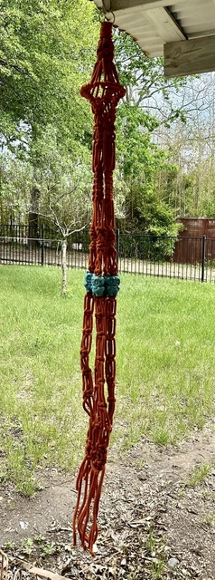 Vintage orange Macrame Plant Hanger blue Owl accents 1970s Tassel Metal Ring 60”
