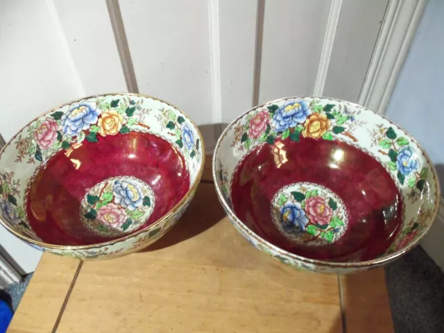 2 x Maling Serving Bowls - "Peony Rose - Ruby" - 1950's