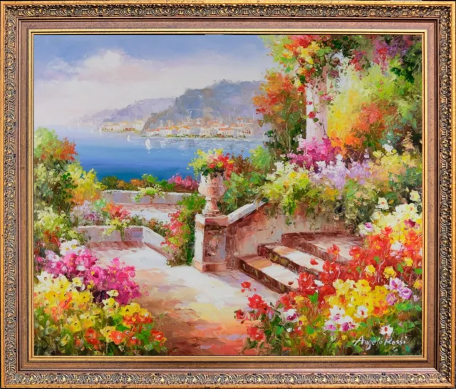 Signed by A Rossi, Framed Oil Painting on Canvas, Gorgeous Mediterranean Terrace
