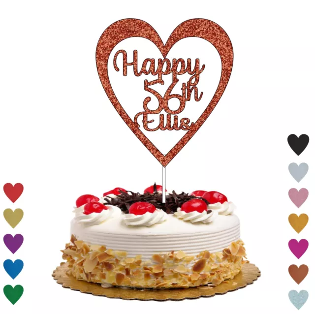 Personalised Name Birthday Heart Glitter Cake Topper 16th 30th 40th 56th 60th
