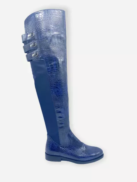 Scarpe da donna scarpa stivale tacco basso Laura Biagiotti blu stampa cocco zip