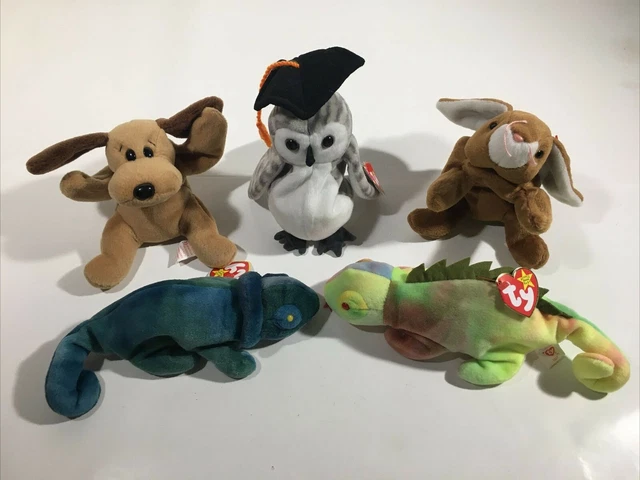 Lot of 5 TY Beanie Babies w/Tags Ears Wise Bones Iggy Rainbow 1994-1999 Class 99