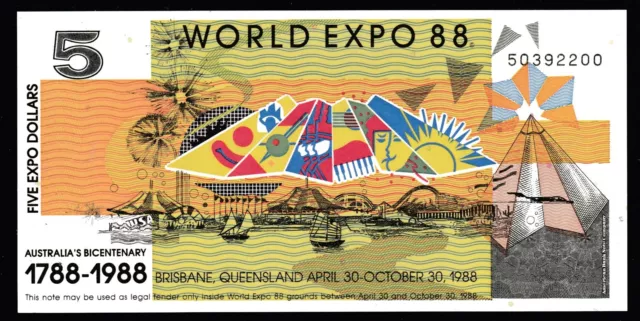 1988 World Expo $5.00 Australian Bank Note - Mint Uncirculated