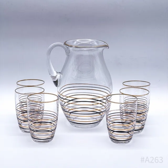 Art Déco Glaskrug Karaffe Saftkrug aus Glas mit 6 Gläsern | Handarbeit 20cm