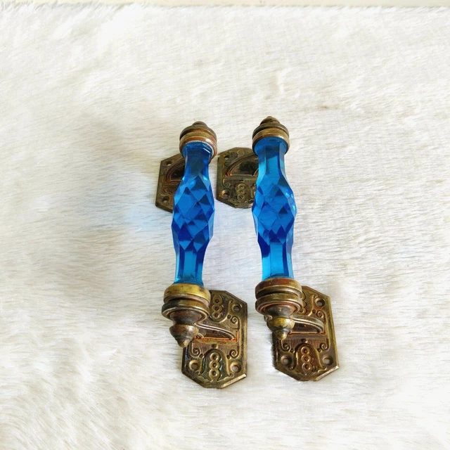 19c Vintage Original Old Brass Blue Cut Glass Victorian Door Handle Pair Rare