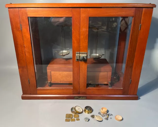 Pharmacy Lab Balance Beam Scale c1920 Voland & Sons Mahhogany 2 Door Lab Scale