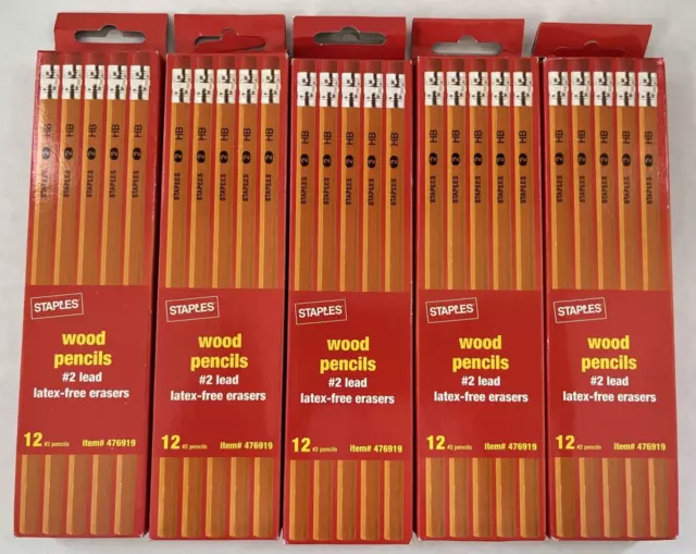 #2 Wood Pencils Latex Free Erasers Staples brand 5 boxes 12 count=60 total NEW