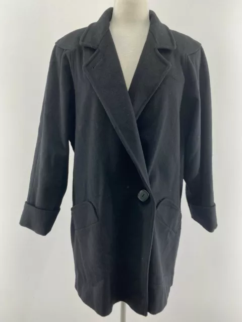 VTG USA Portrait Solid Black Wool Notch Lapel Long Pea Coat Pockets Women sz M