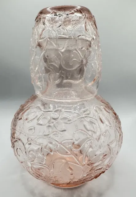 Vtg Pink Depression Glass Floral Tumble Up Bedside Water Carafe Decanter & Glass