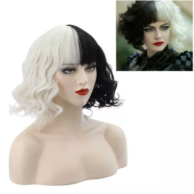 Cruella de Vil Emma Black White Curly Wig, Halloween Cosplay Daily Party Wigs