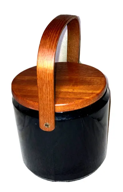 vintage Georges Briard mcm black patent vinyl, teak lid  handle ice bucket