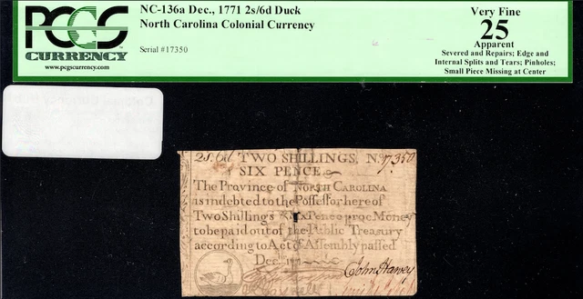 North Carolina Colonial Note Fr#NC-136a December, 1771 2s6d PCGS 25 *Duck*