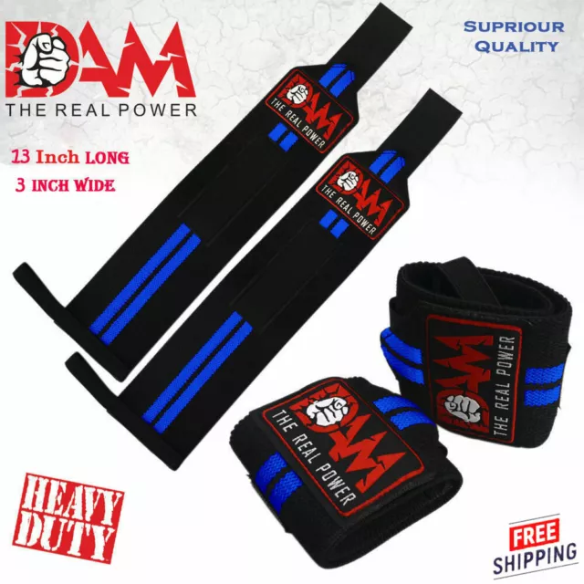 BLUE WRIST WRAPS Weight lifting Gym Straps Support Strength