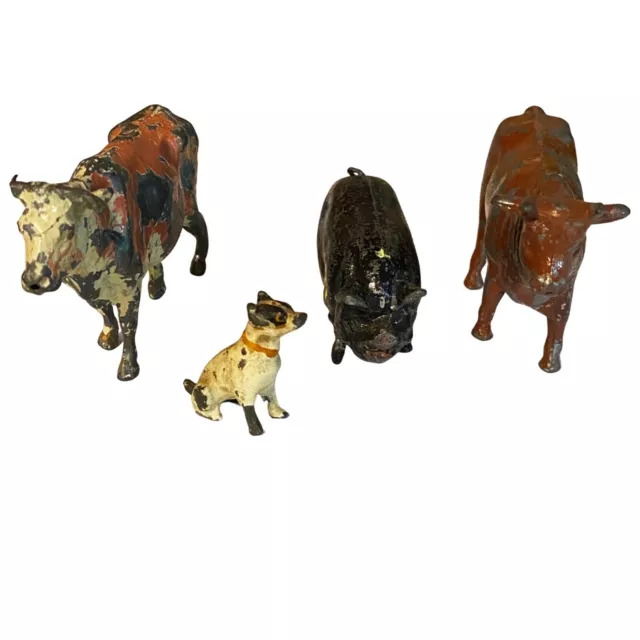 Lot of 4 Antique Cast Iron Animal Figurines 2 Cows Pig Dog