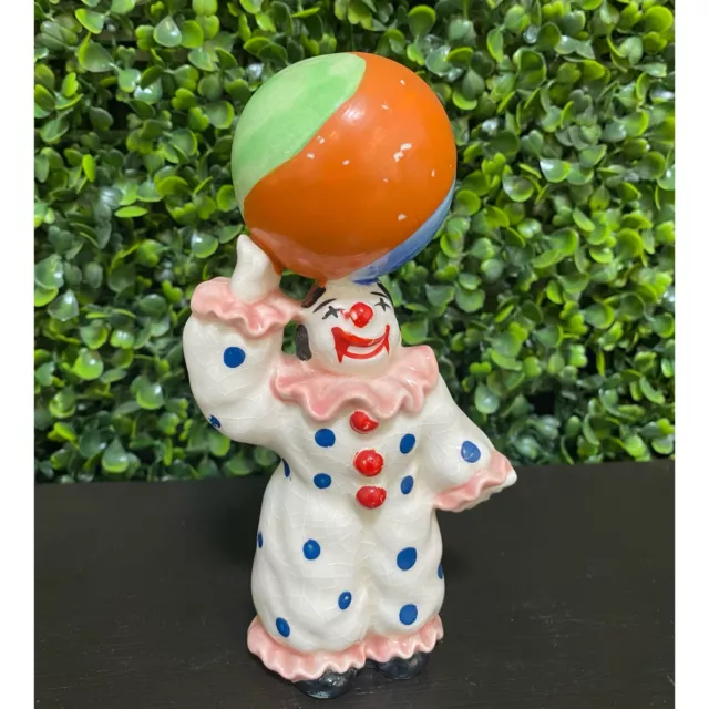 Vintage 1950's M K Hand Painted Ceramic Happy Clown with Ball Figurine
