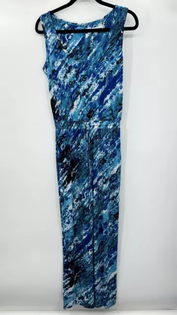 Calvin Klein Jersey Knit Wide Leg Jumpsuit Size 10 Blue Green Watercolor Pockets