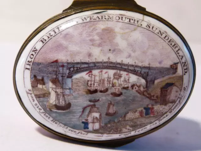 Antique c1790 IRON BRIDGE WEARMOUTH SUNDERLAND Bilston Enamel Patch Box #S3